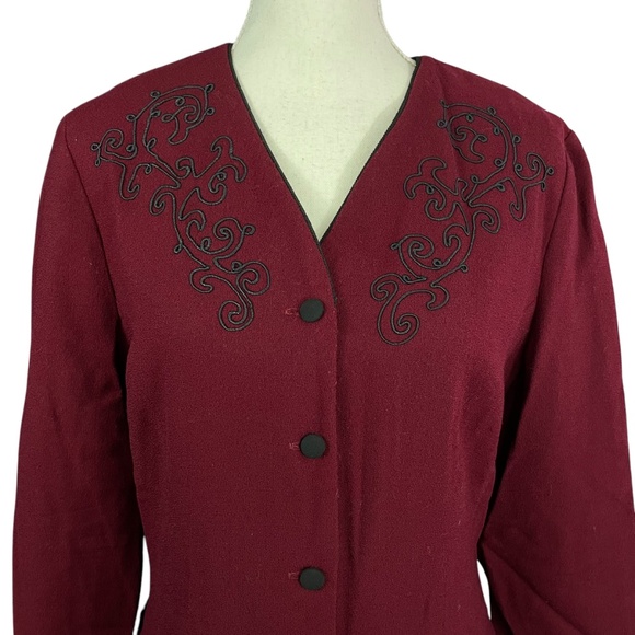 100% Wool Embroidered Dress 14 Burgundy Long Button-Up Vintage House Coat - Picture 4 of 13